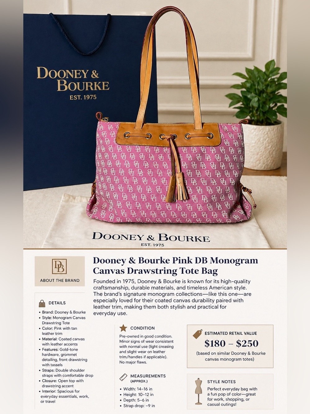 Dooney & Bourke Pink Canvas Tote with Tan Leather Trim and Tassel